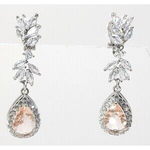 Silver Tone Pink 3 Tier Teardrop CZ Dangle Earrings Leaf Halo Bridal 1 5/8in 8g